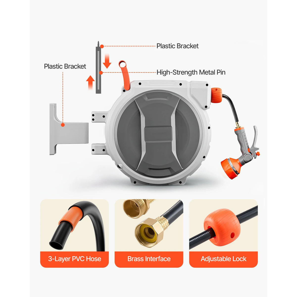SucceBuy Retractable Wall Mounted Hose Reel With 9 Pattern Nozzle