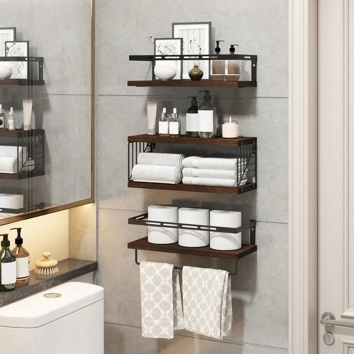 Wall Mounted Bathroom Shelves Over Toilet Rustic Wood With Metal Frame