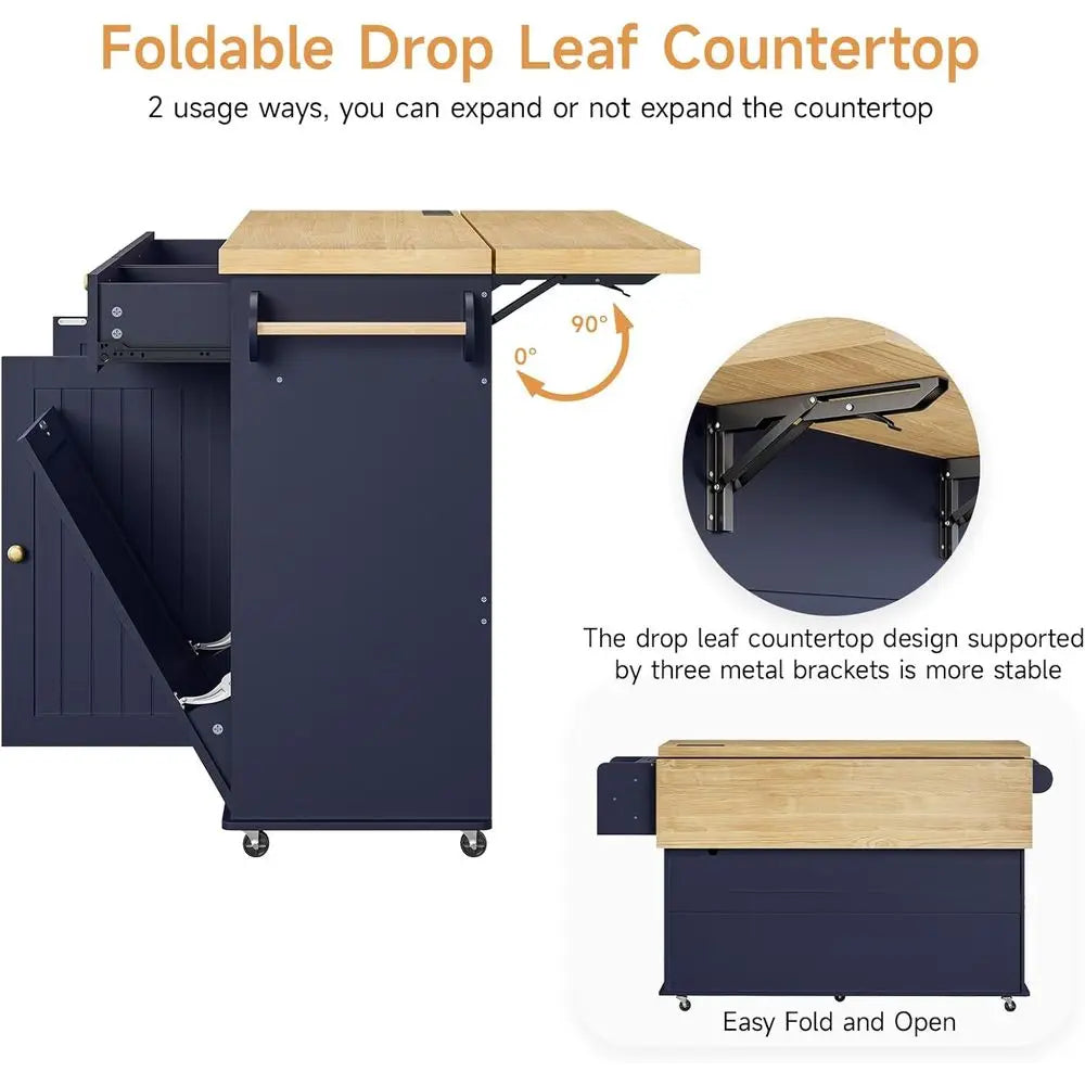 60" Kitchen Island with Power Outlet & Drop Lea, Mobile Storage Island with Spice Rack & Towel Rack, 4 Levels, BlueWedding Tent