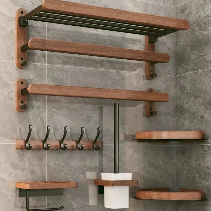 Walnut Wall Mounted Towel Rack And Bath Storage Organizer