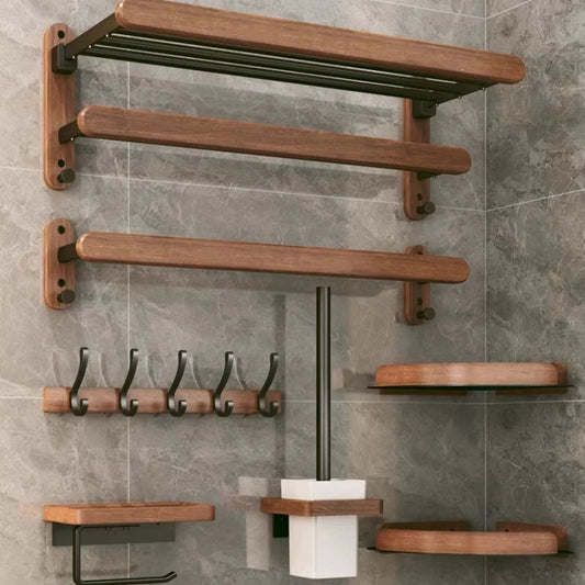 Walnut Wall Mounted Towel Rack And Bath Storage Organizer