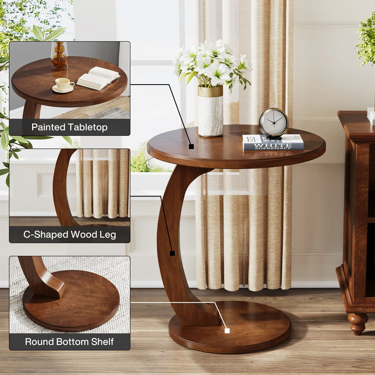 Tribesigns Round End Table, Wood C-Shaped Side Table, Small Couch Side Table, Mid-Century End Table, Retro Side Table