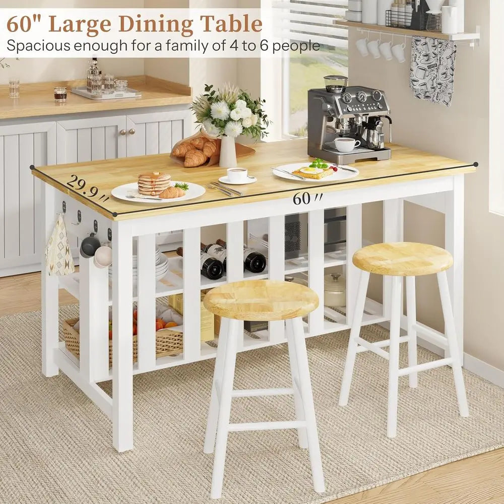 60" Solid Rubberwood Kitchen Island with Power Outlets - Extra Large Work Surace, 3 Ders & 2 Open Shelves Storage Cabinet or Kit