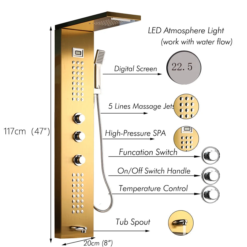 Mekkhala Multifunctional Brass Shower Panel Tower With Massage Jets