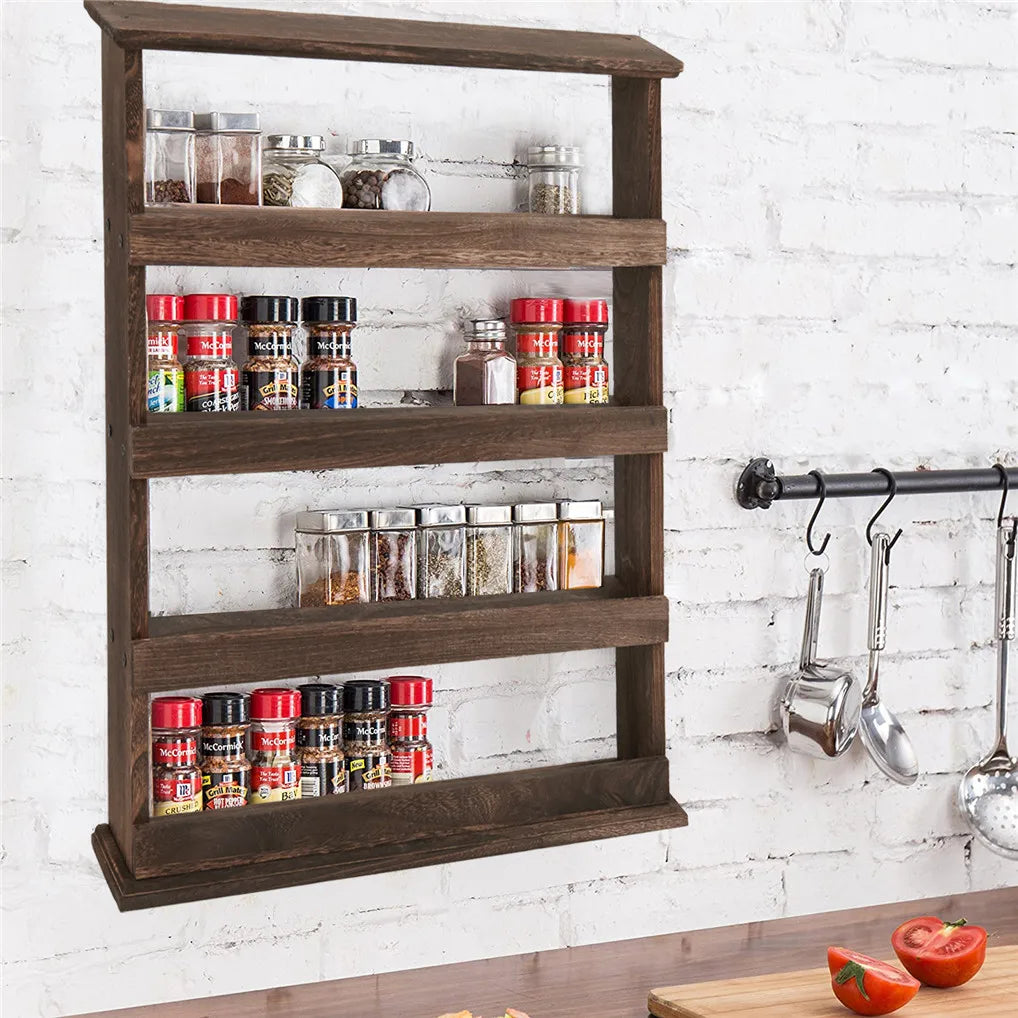 Wall Mounted Bamboo Spice Rack And Hanging Storage Shelf