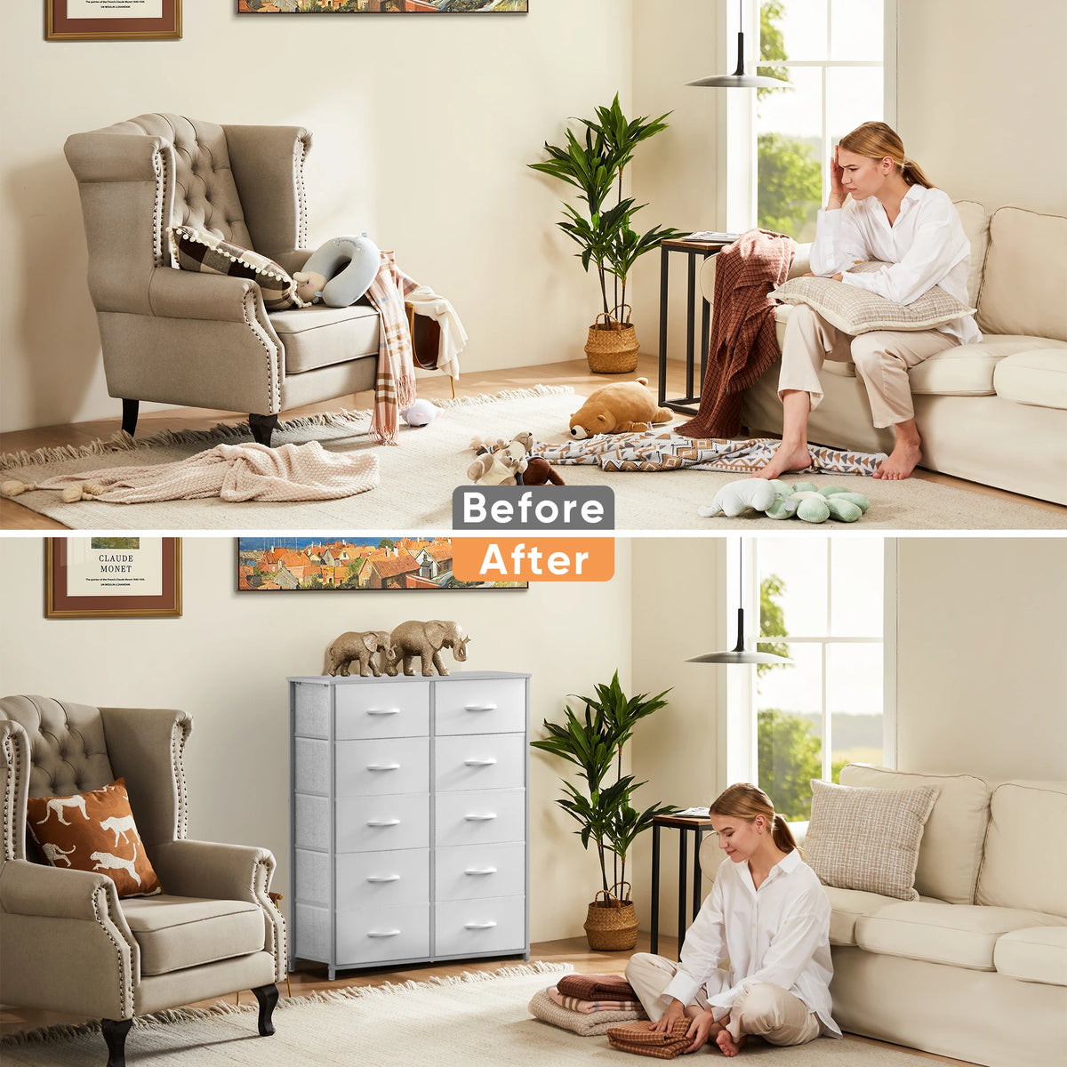 JHK Modern Wooden Bedroom Wardrobe Dresser Storage Cabinet Fabric Drawers
