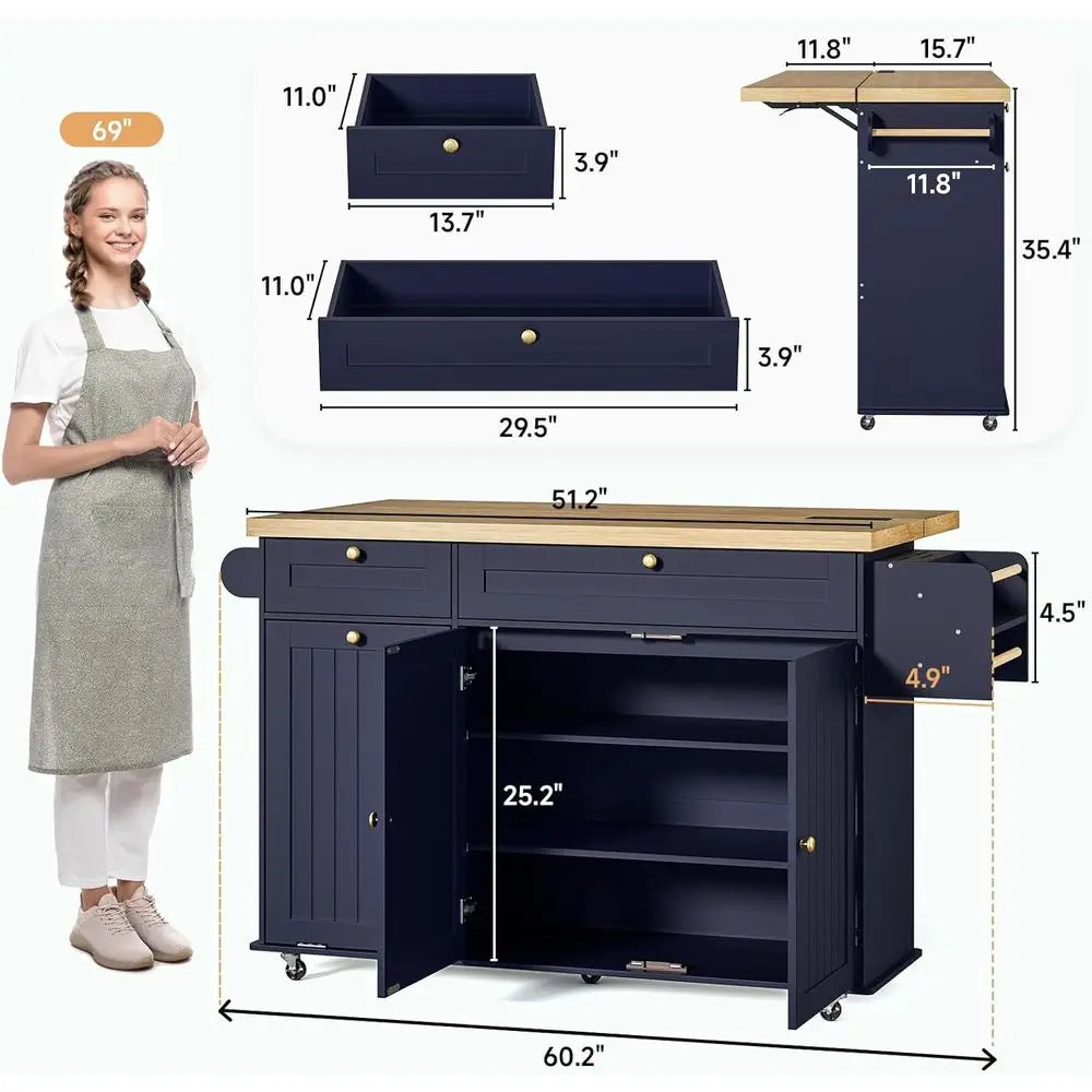 60" Kitchen Island with Power Outlet & Drop Lea, Mobile Storage Island with Spice Rack & Towel Rack, 4 Levels, BlueWedding Tent