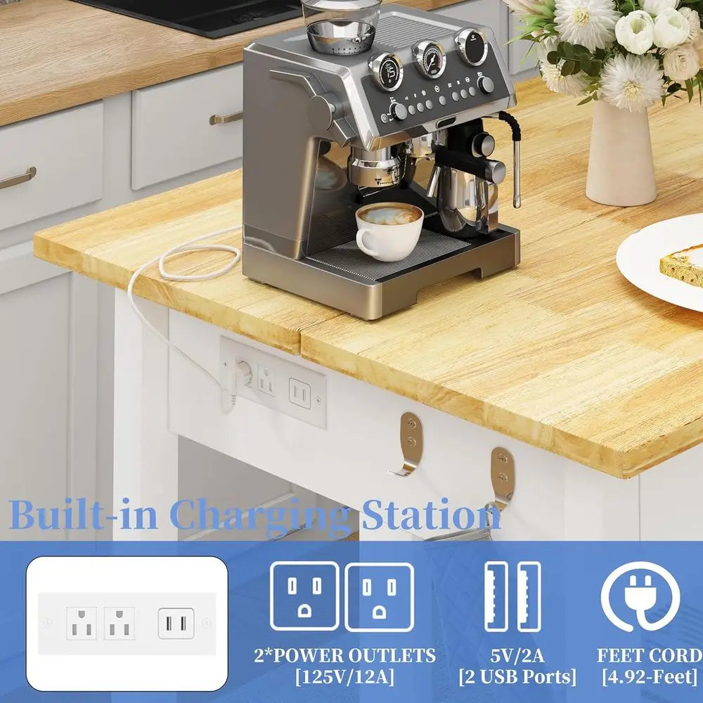 60" Solid Rubberwood Kitchen Island with Power Outlets - Extra Large Work Surace, 3 Ders & 2 Open Shelves Storage Cabinet or Kit