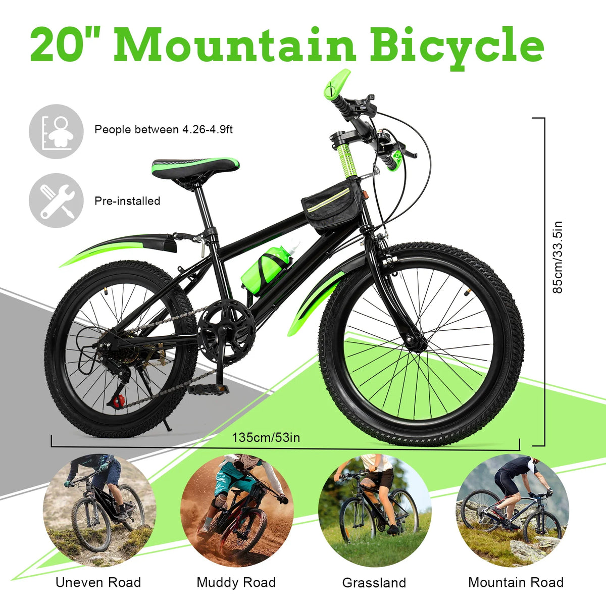 Children's Mountain Bike 7 Speed With Storage Bag And Bell