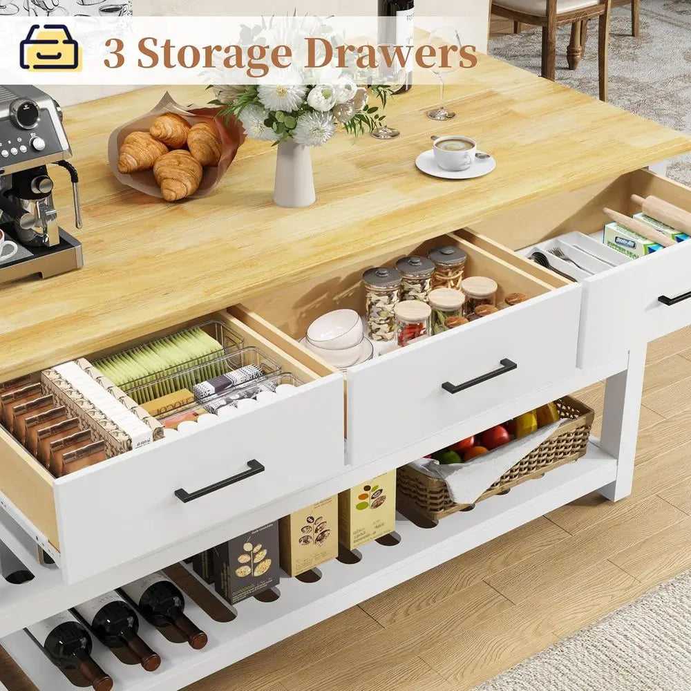 60" Solid Rubberwood Kitchen Island with Power Outlets - Extra Large Work Surace, 3 Ders & 2 Open Shelves Storage Cabinet or Kit