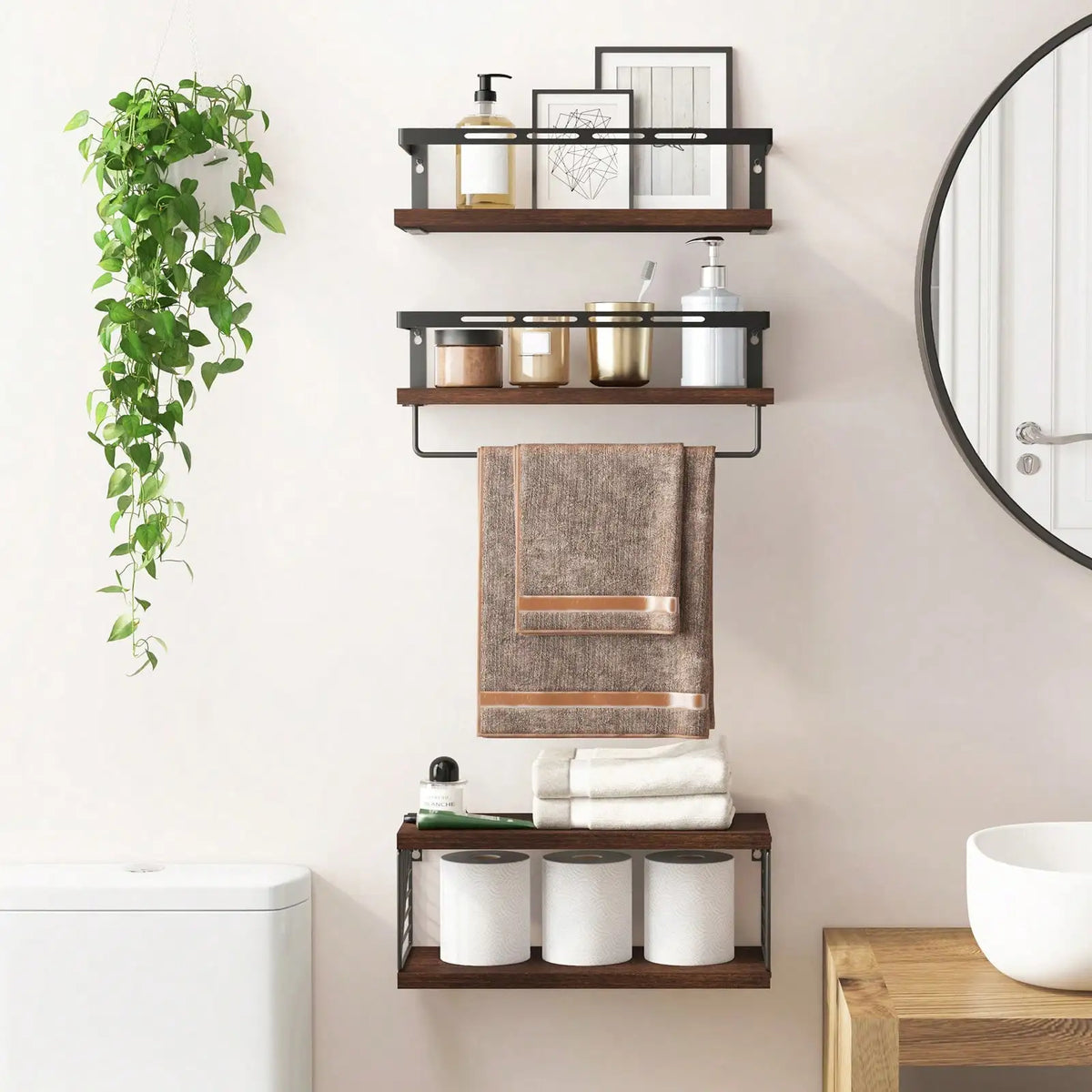 3 Tier Wall Mounted Bathroom Shelves With Towel Bar