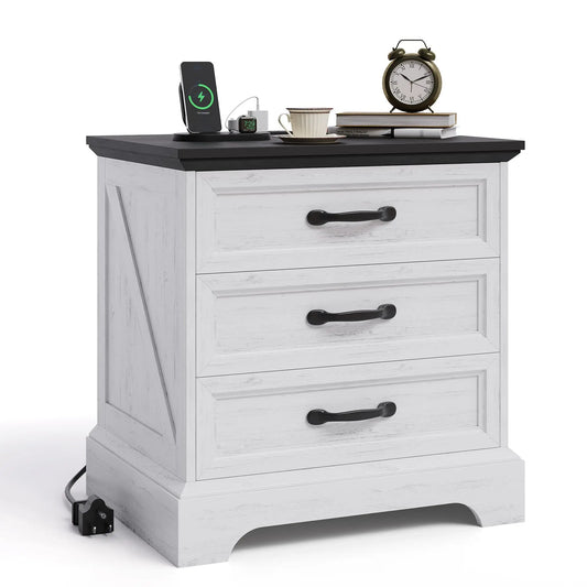 Modern Farmhouse Wood Nightstand with Charging Station & 3 Large Drawers, 24 Inch Wide Rustic Bedside Table & End Table with Storage Bedside Cabinet for Bedroom Living Room Small Space White