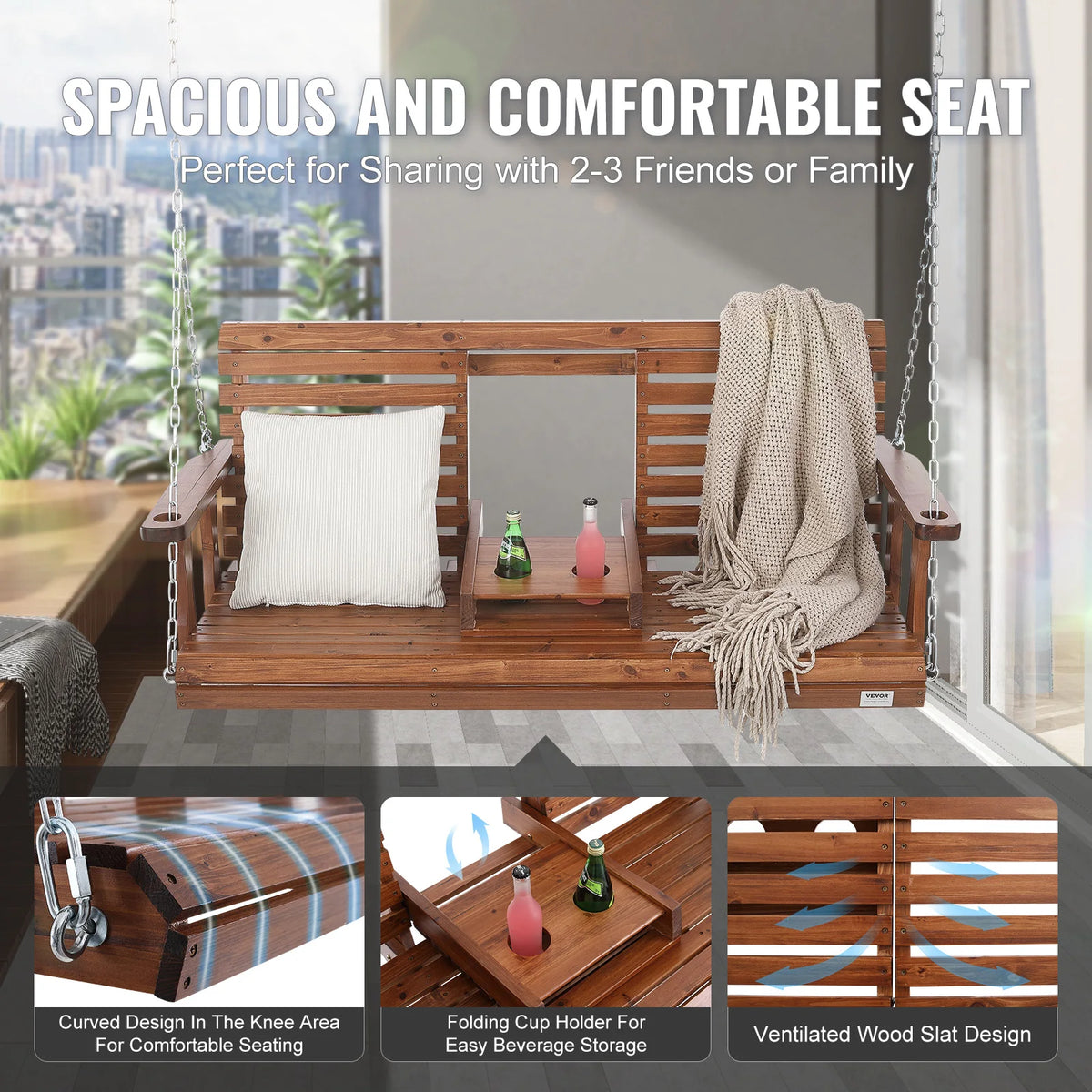SucceBuy Wooden Porch Swing 5 Ft Strong Load Capacity