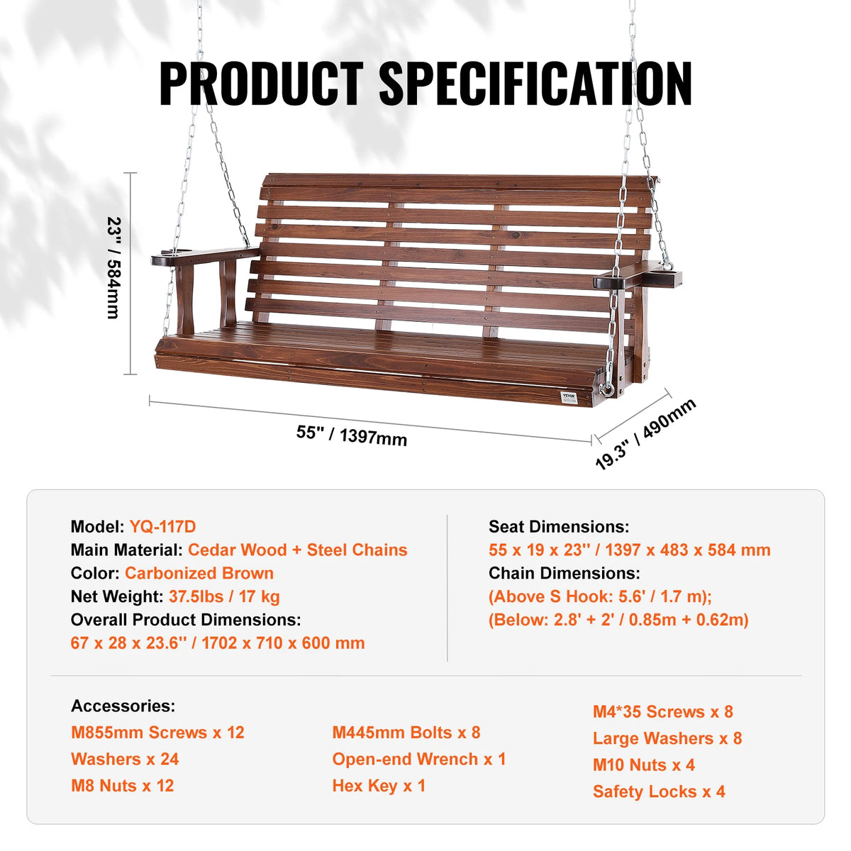 SucceBuy Wooden Porch Swing 5 Ft Strong Load Capacity