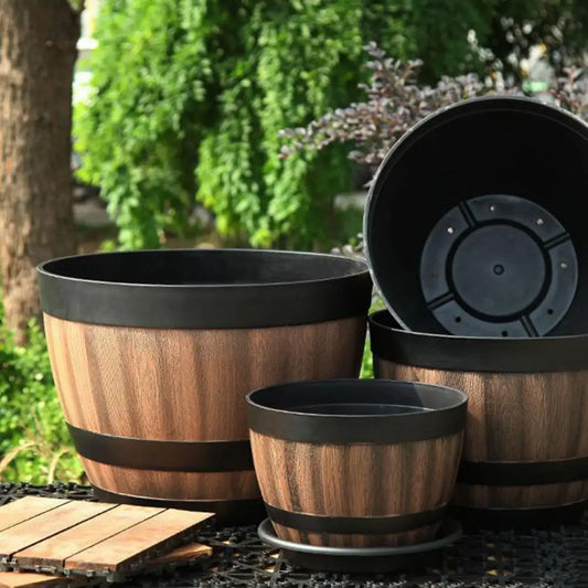 Rustic Farmhouse Whiskey Barrel Planter Faux Wooden Plastic Flower Pot