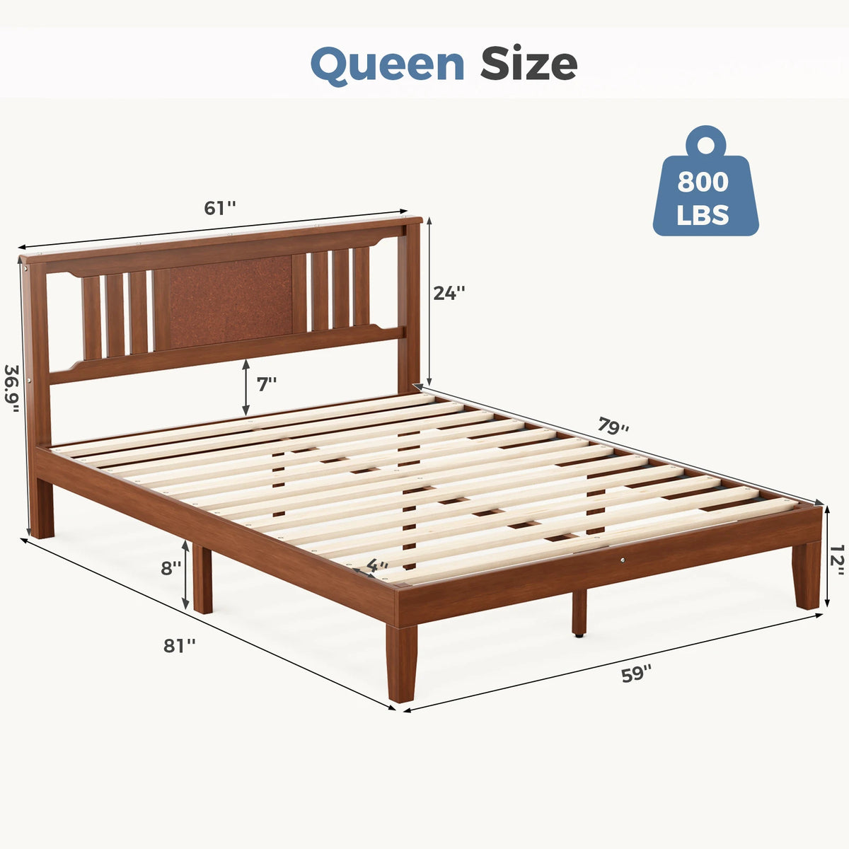 MCQ Wood Bed Frame Platform Bed with Headboard Sturdy Solid Wood Slat Support Up to 800 lbs No Box Spring Needed Easy Assembly Noise Free Suitable for Bedroom Furniture