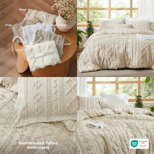 Boho Tufted Comforter Duvet Cover Set 3 Piece Farmhouse Bedding