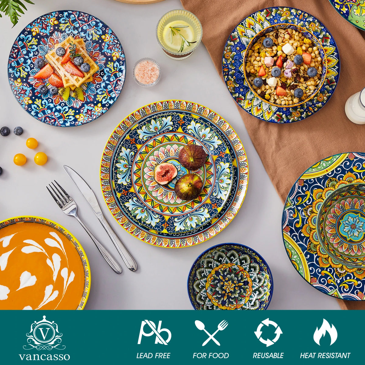 MALACASA 24 Piece Porcelain Dinnerware Set Bohemian Style
