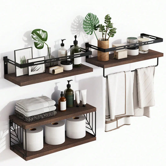 3 Tier Wall Mounted Bathroom Shelves With Towel Bar