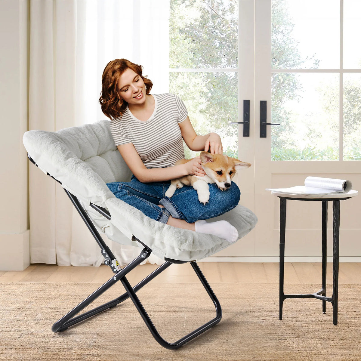 JHK Cozy Saucer Chair With Soft Faux Fur Folding Metal Frame
