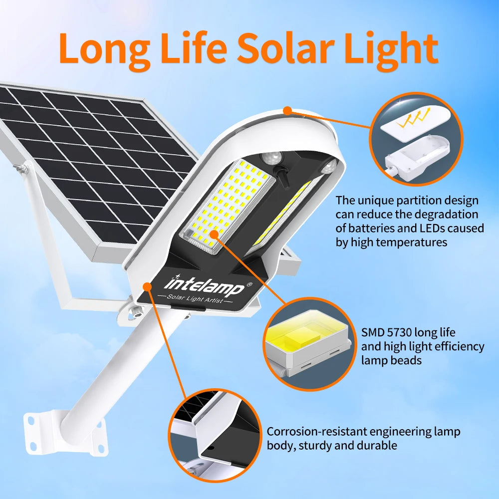 Intelamp Long Life Solar Street Lights Outdoor 12500mAh with Super Large Solar Panel for Garden Street Path Pole Mounted