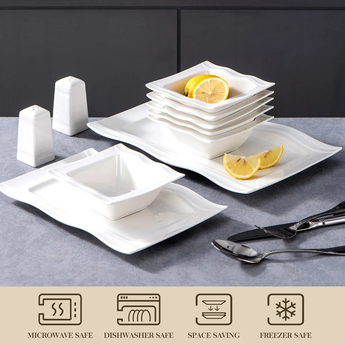 Malacasa Square Porcelain Dinnerware Set Plates And Bowls