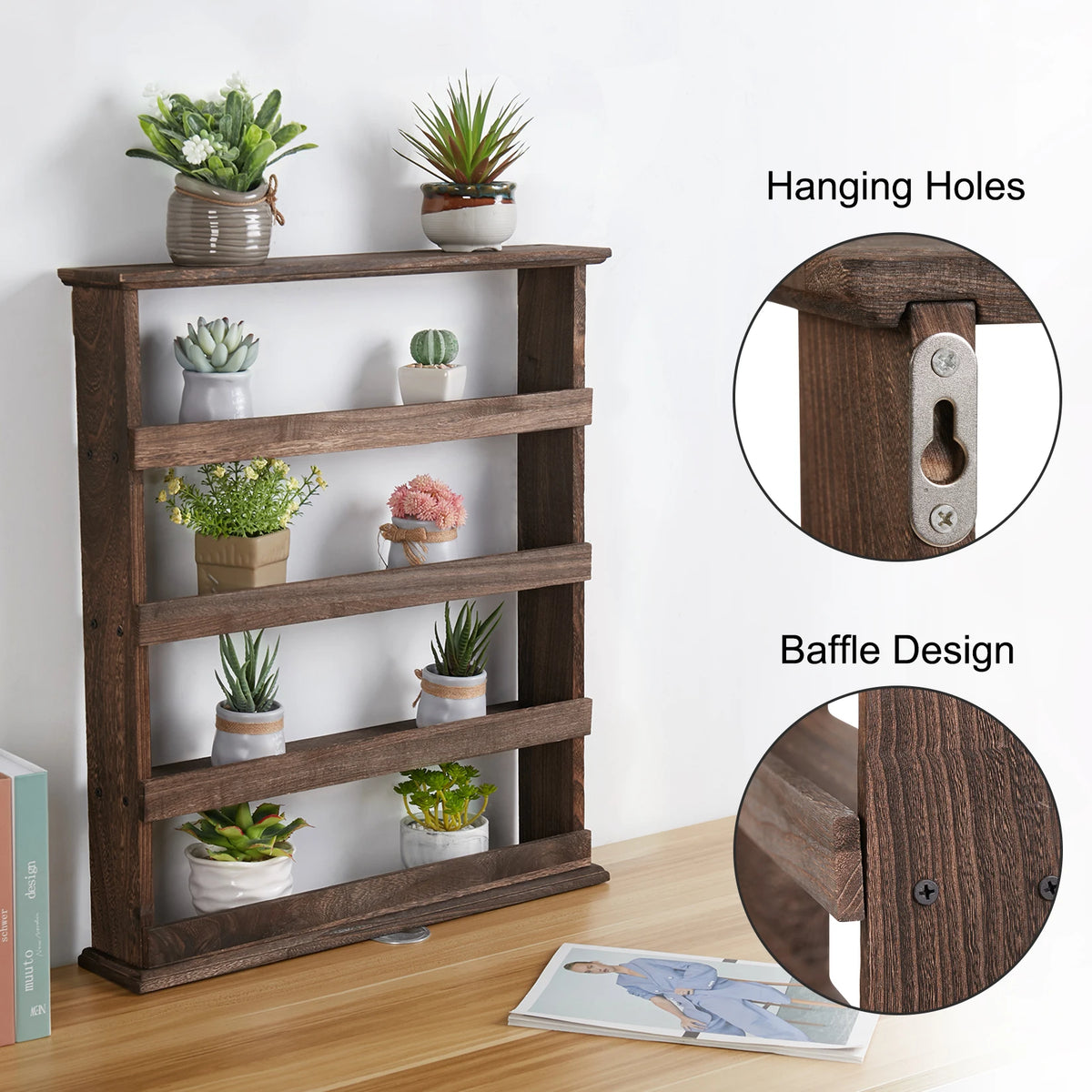 Wall Mounted Bamboo Spice Rack And Hanging Storage Shelf
