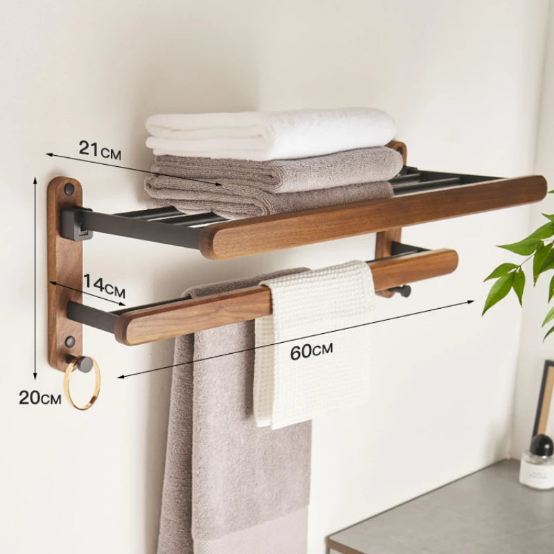Walnut Wall Mounted Towel Rack And Bath Storage Organizer