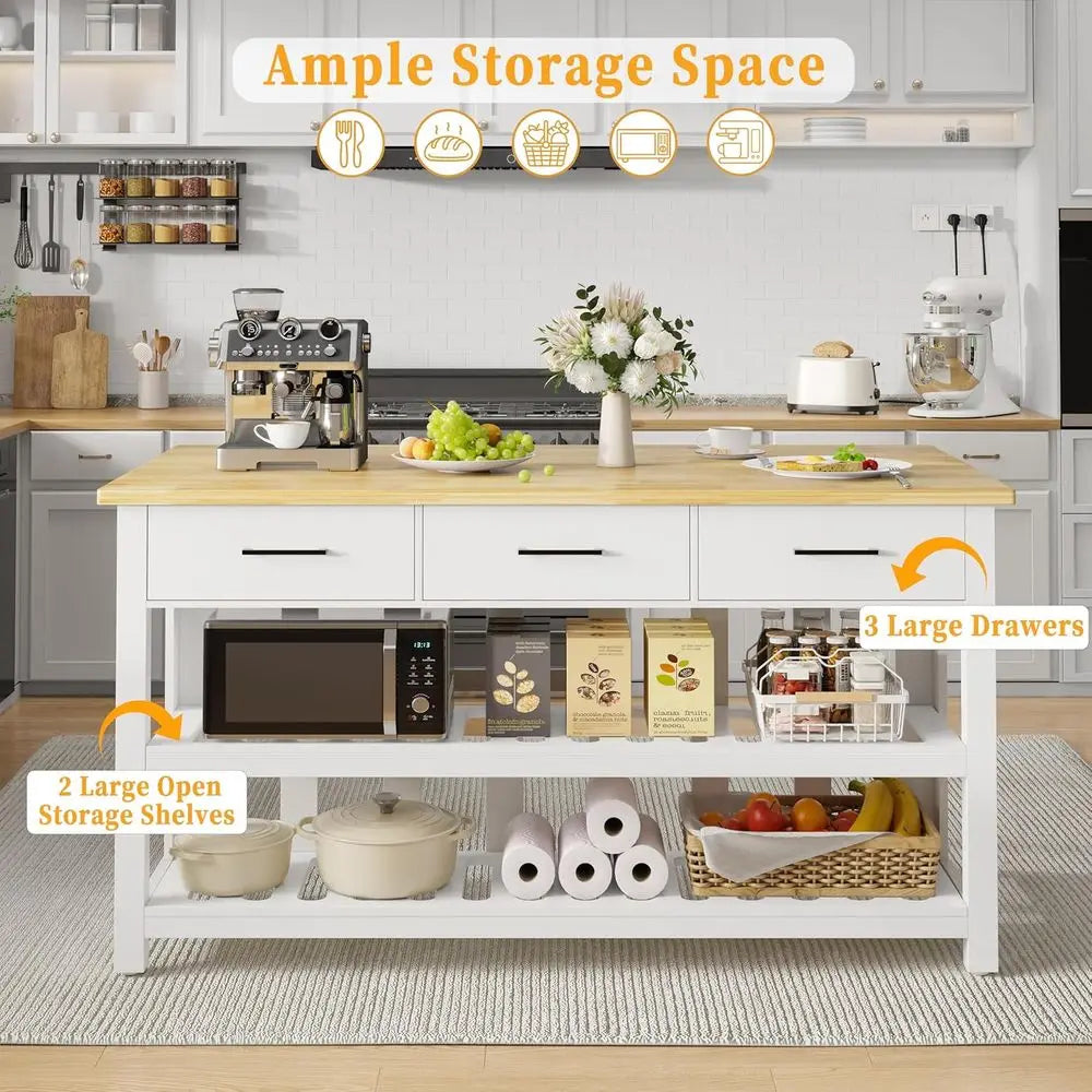 60" Solid Rubberwood Kitchen Island with Power Outlets - Extra Large Work Surace, 3 Ders & 2 Open Shelves Storage Cabinet or Kit