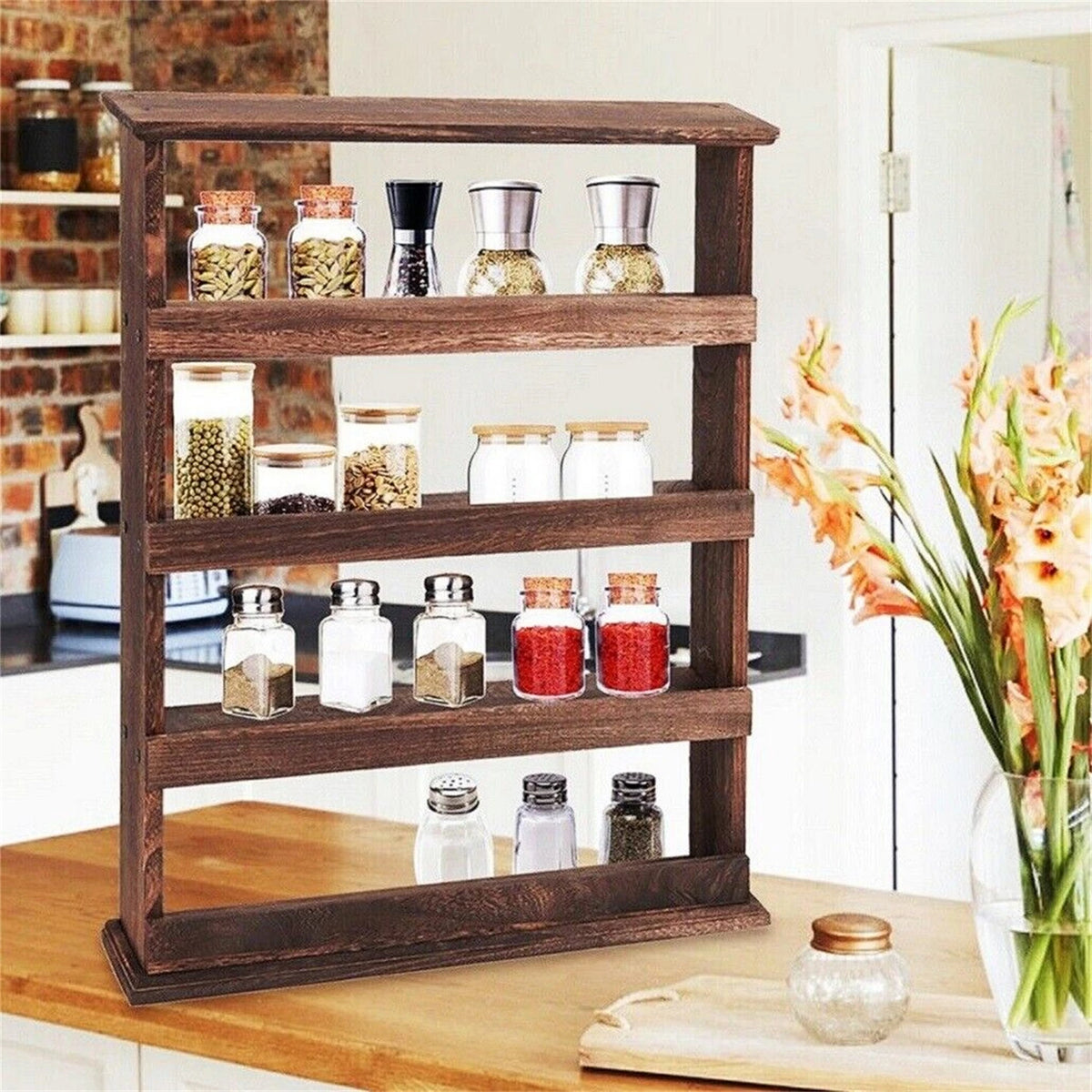 Wall Mounted Bamboo Spice Rack And Hanging Storage Shelf
