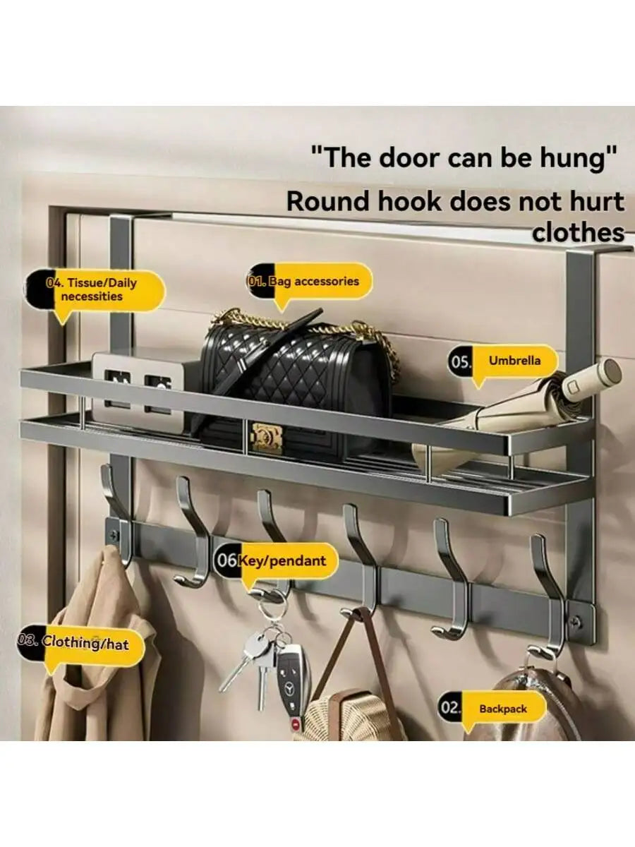 Over the Door Hook Rack With Storage Shelf And Six Hooks