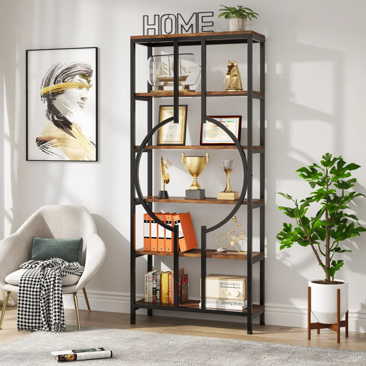 Tribesigns Industrial Bookshelf, Tall Bookcase with Open Shelves, Wood and Metal Display Shelf Storage Shelves
