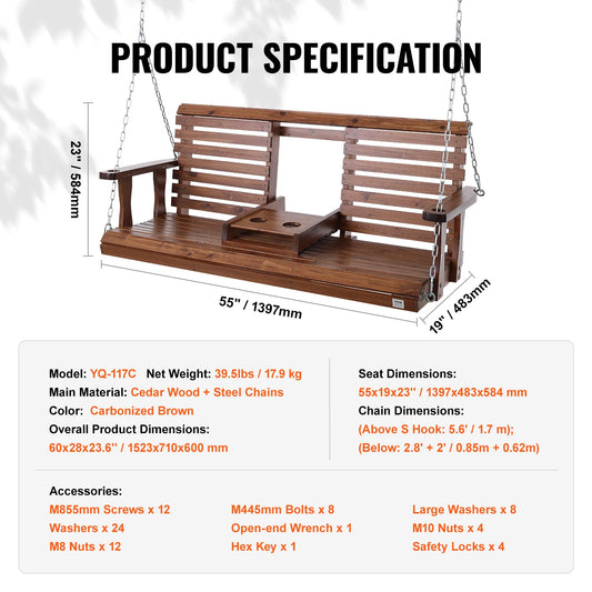 SucceBuy Wooden Porch Swing 5 Ft Strong Load Capacity