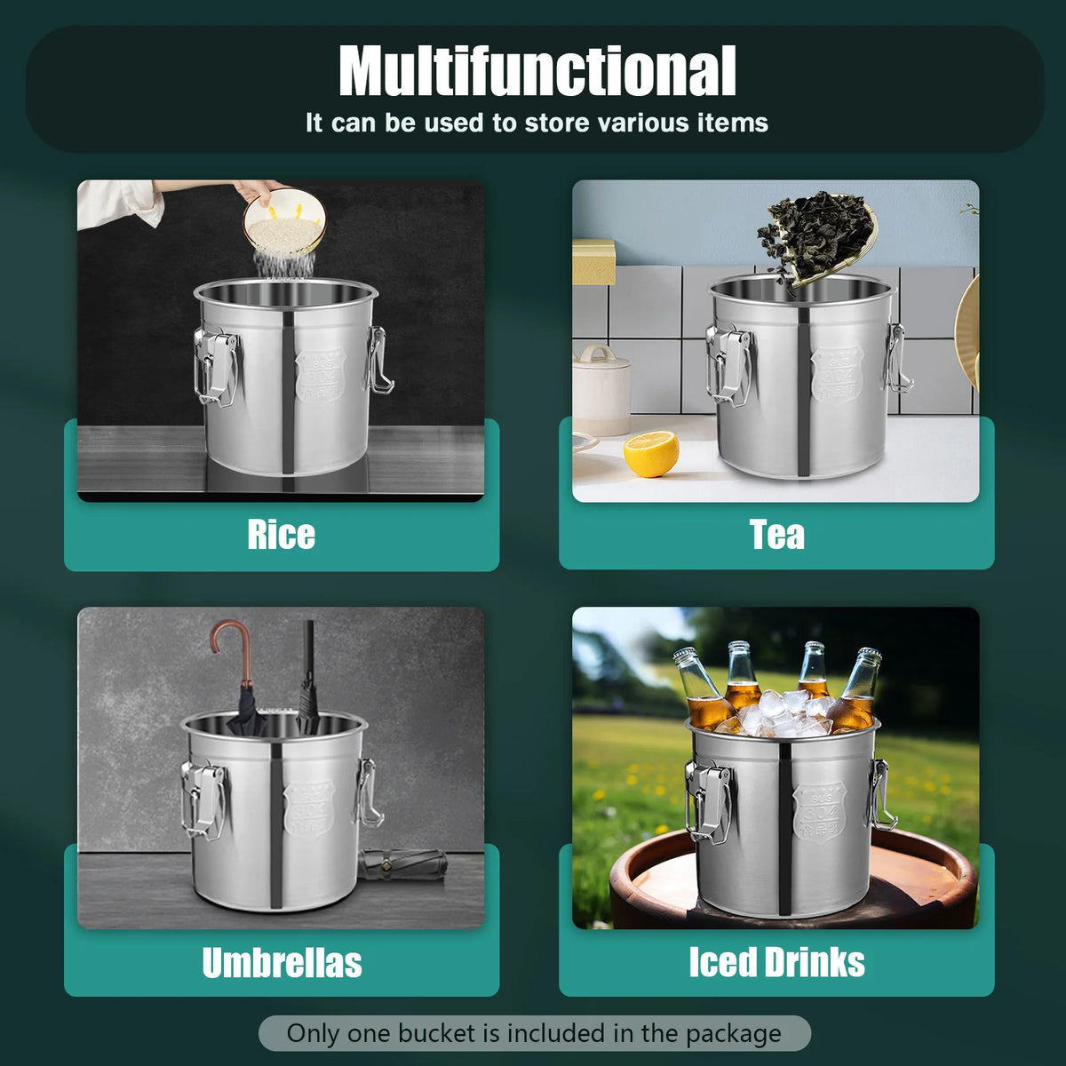 Food Grade Stainless Steel Storage Bucket With Lids Locking Clamps