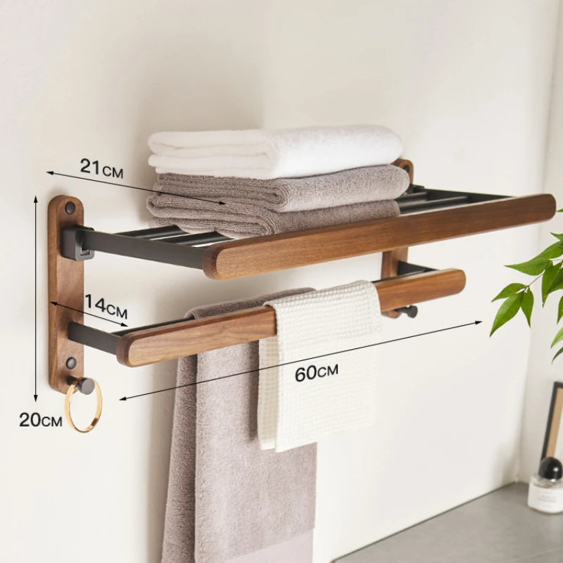 Walnut Wall Mounted Towel Rack And Bath Storage Organizer