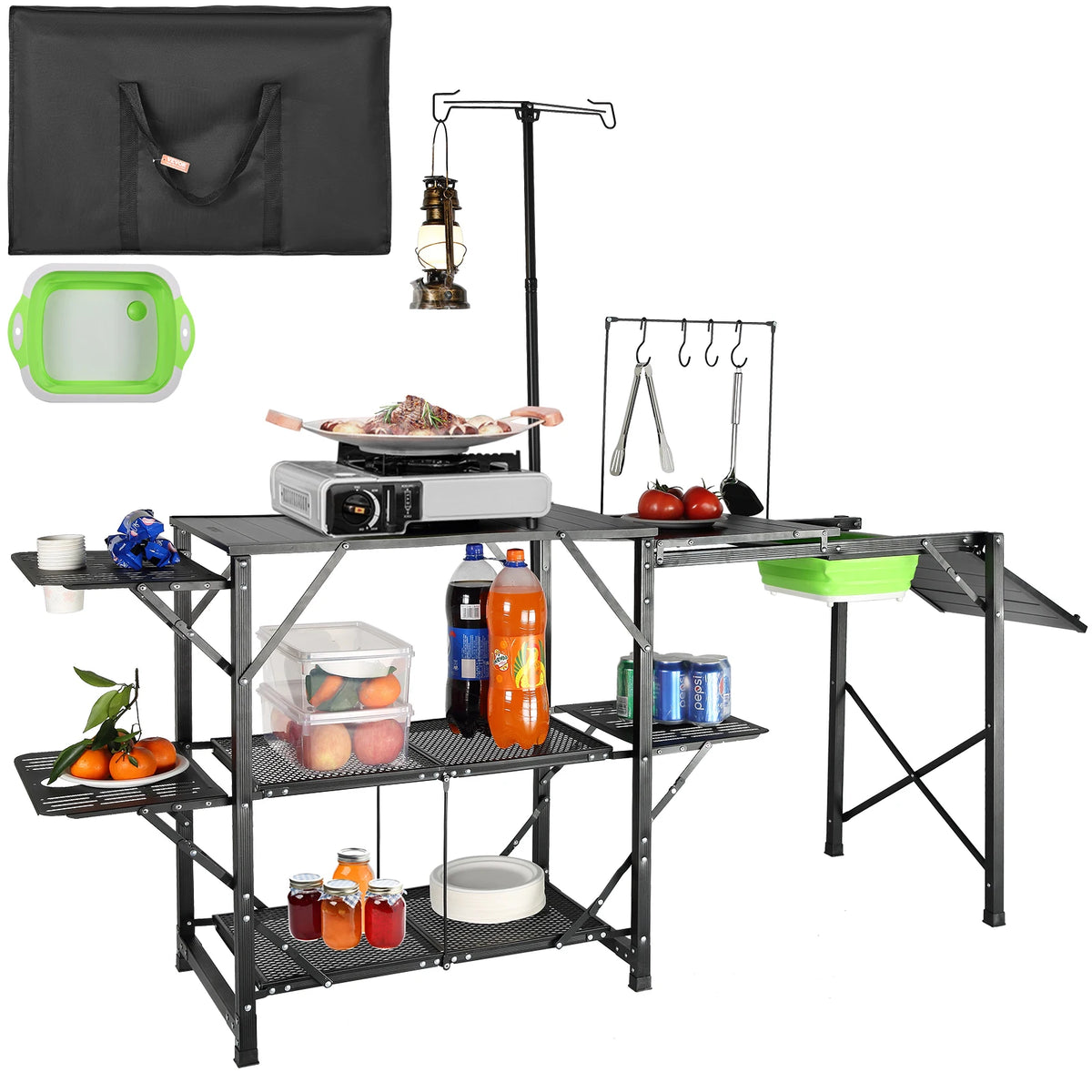 SucceBuy Camping Kitchen Table with Sink, Aluminum Folding Portable Outdoor Cook Station, for Picnic BBQ Beach Traveling