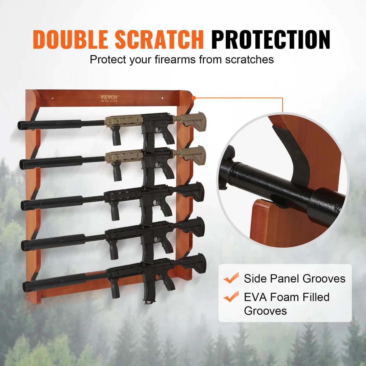 SucceBuy Wood Gun Rack Wall Mount Holds 5 Guns With Soft Padding