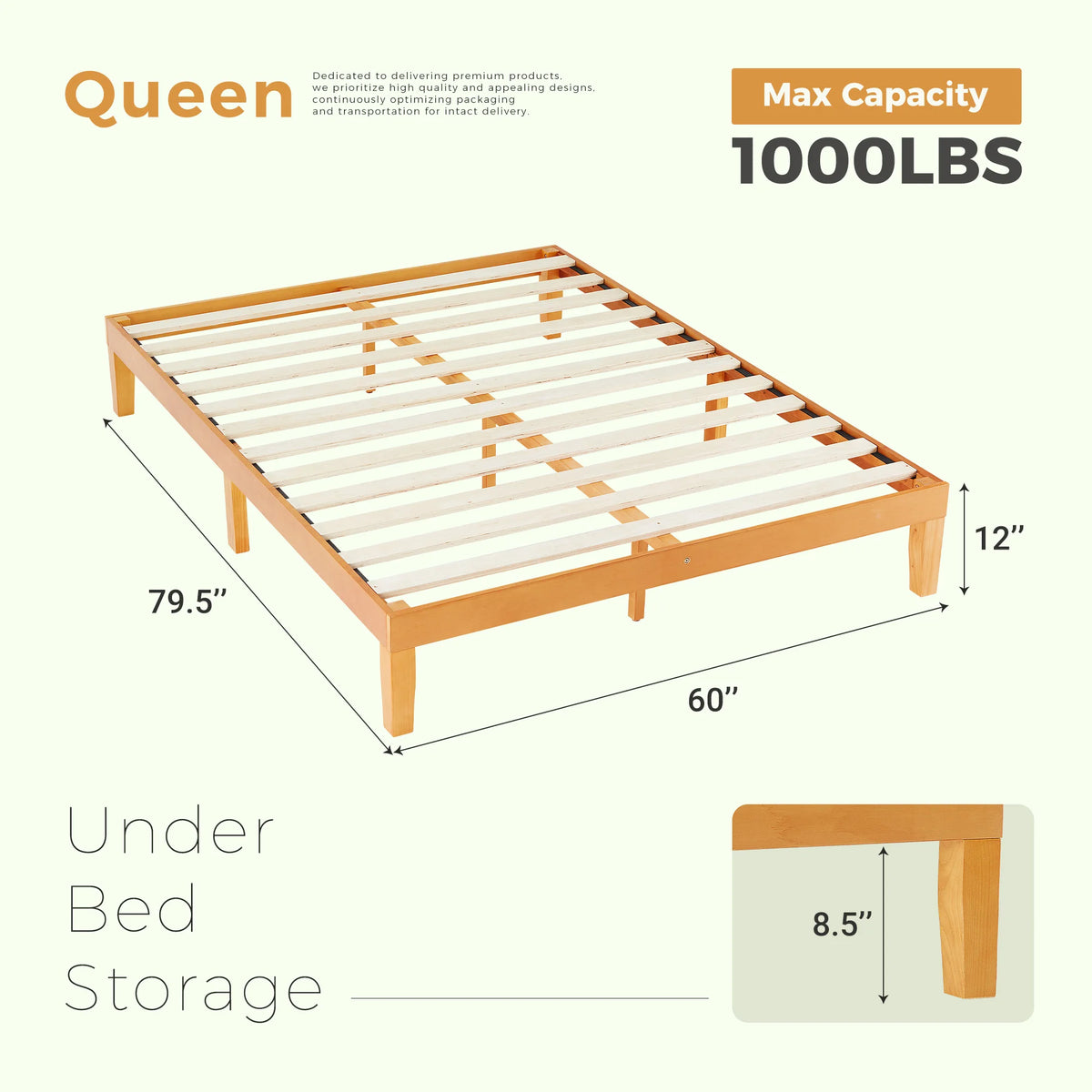 JHK All Size Solid Wood Bed Frame with Sturdy Wood Slat Support No Box Spring Needed Easy Assembly Eco-Friendly For Living Room