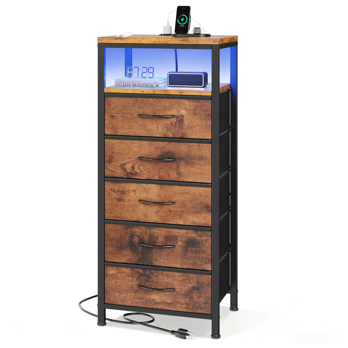 JHK 5 Fabric Drawers Dresser Nightstand With Charging Station Outlet