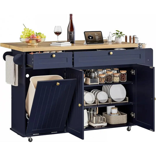 60" Kitchen Island with Power Outlet & Drop Lea, Mobile Storage Island with Spice Rack & Towel Rack, 4 Levels, BlueWedding Tent