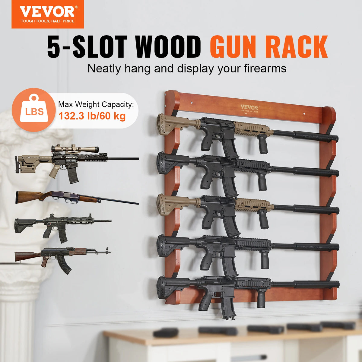 SucceBuy Wood Gun Rack Wall Mount Holds 5 Guns With Soft Padding