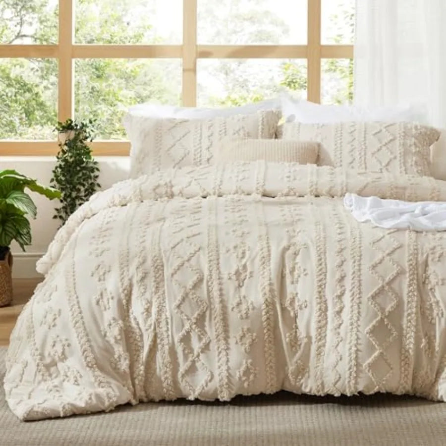 Boho Tufted Comforter Duvet Cover Set 3 Piece Farmhouse Bedding