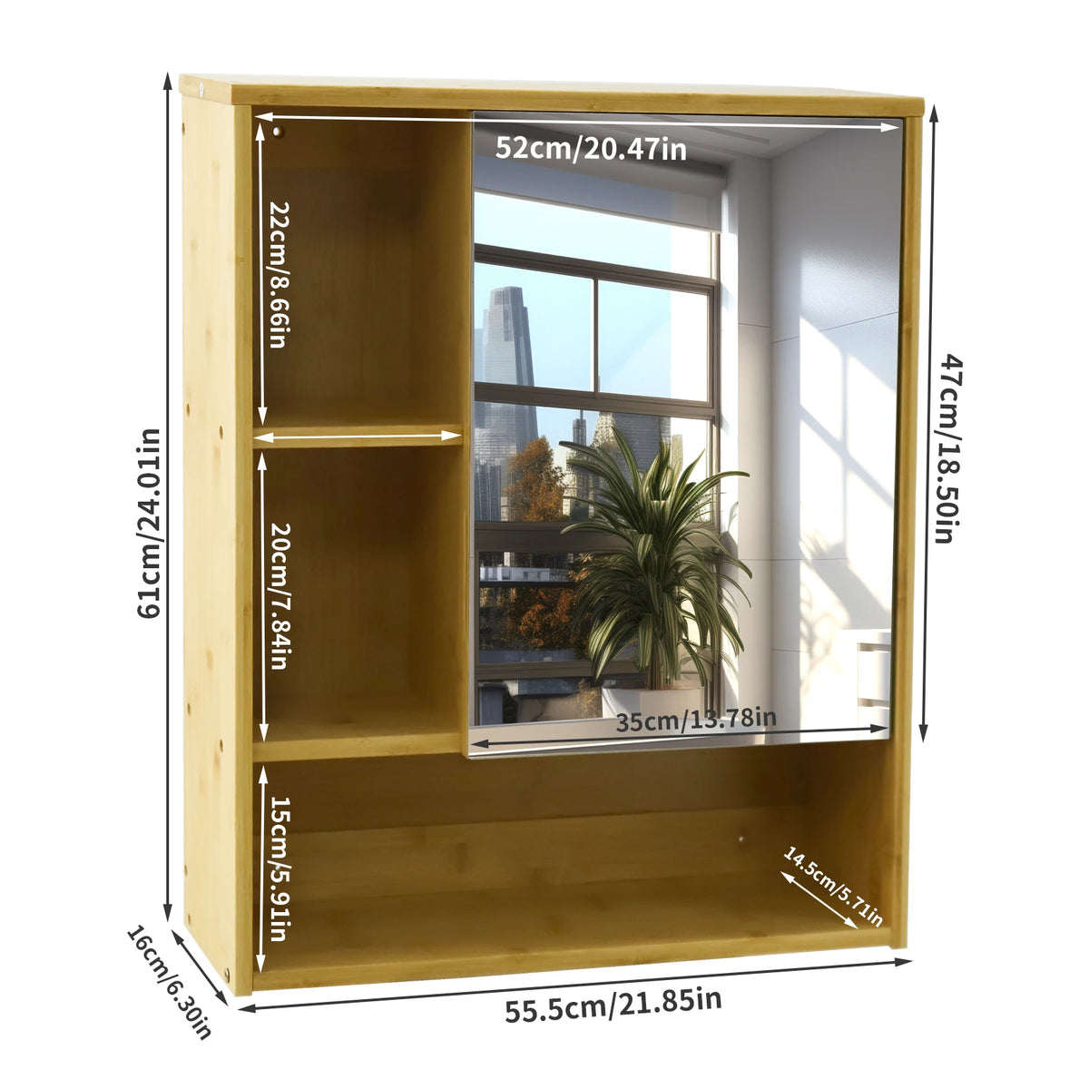 Wall Medicine Cabinet Cupboard Natural Bamboo Bathroom Vanity Mirror 5 Open Storage Shelf