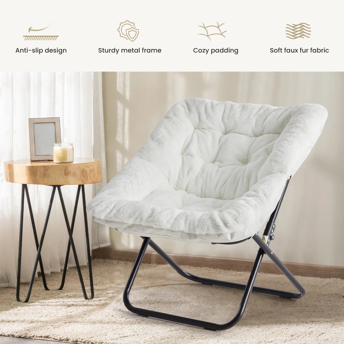 JHK Cozy Saucer Chair With Soft Faux Fur Folding Metal Frame