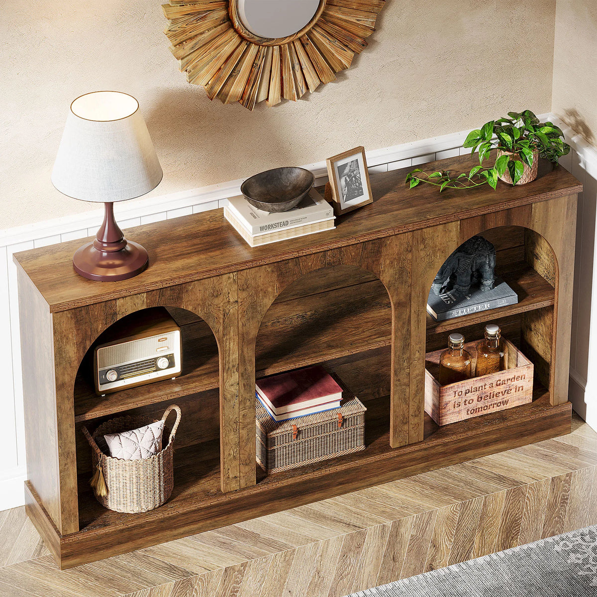 Tribesigns Farmhouse Console Table, 63-Inch Long Entryway Table with 3 Tier Storage, Wooden Rectangular Sofa Table