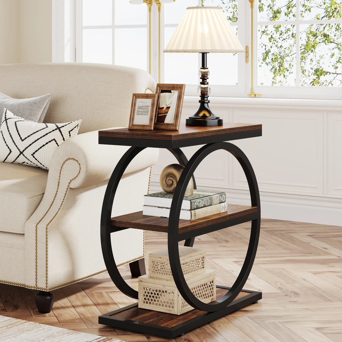 Tribesigns End Table, Narrow End Table with 3 Storage Shelves, Wooden Side Table, Industrial Small Sofa Side Table